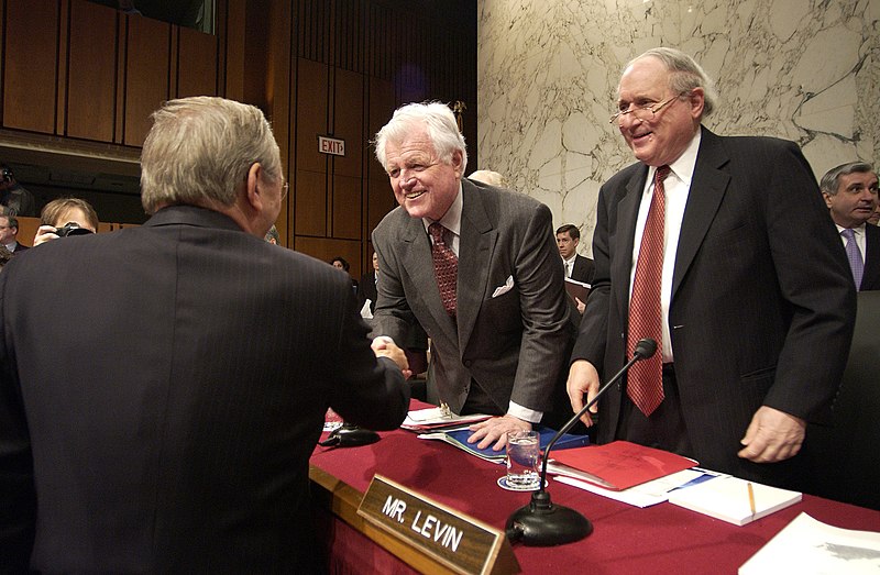 File:US Navy 050217-F-7203T-022 Secretary of Defense Donald H. Rumsfeld, meets with U.S. Sen. Edward Kennedy (D-MA), center, and Sen. Carl Levin (D-MI) prior to the start of the Senate Armed Services Committee hearing in the Hart Se.jpg