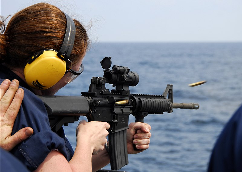 File:US Navy 080725-N-4236E-391 Fire Controlman Seaman Rachel Hubley fires an M4 carbine from the fantail of the guided-missile cruiser USS Vella Gulf (CG 72).jpg