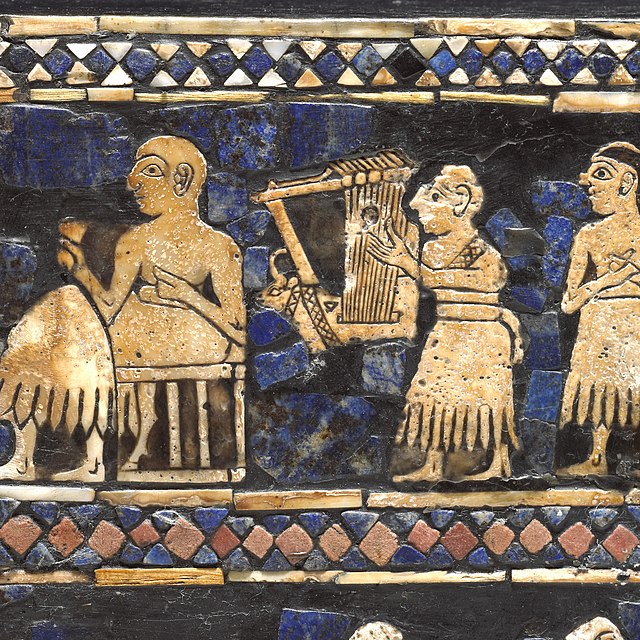 a depiction of a lyre player entertaining guests, made with shell, lapis lazuli, red limestone, and bitumen