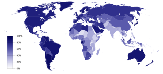 The percentage of urbanized population by country (2018 data) Urbanized population 2018.png