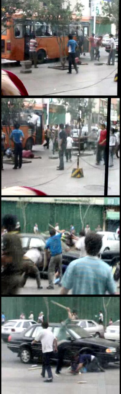 Rioters besieging a bus in Tianshan, Ürümqi, attacking escaping Han passengers with sticks.