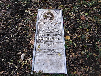 Malida Van Horn's grave stone located on the grounds of the Van Horn. VHMalindasgrave.jpg