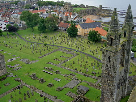 View of the cathedral grounds from the top of St Rule's Tower.