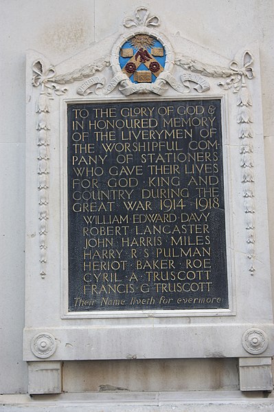 Memorial to City liverymen killed in action during WW1, at Stationers' Hall