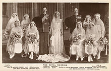 Princess Mary and Viscount Lascelles with the best man and the bridesmaids. Back row left to right: Lady Doris Gordon-Lennox, Lady Elizabeth Bowes-Lyon, Viscount Lascelles, Princess Mary, Major Sir Victor Mackenzie, Lady Diana Bridgeman, Lady May Cambridge. Seated left to right: Lady Mary Cambridge, Princess Maud, Lady Rachel Cavendish, Lady Mary Thynne. Wedding of Princess Mary and Viscount Lascelles 1922.jpg