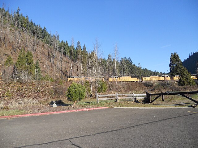 A locomotive on the Union Pacific Railroad passing by Westfir