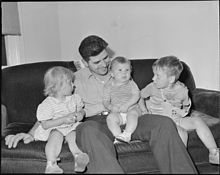 A father with his children in the United States in the 1940s Wm. Riley Blankinship, miner, with his children. Koppers Coal Division, Kopperston Mine, Kopperston, Wyoming County... - NARA - 540984.jpg