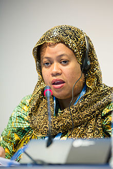 Massoundi bei der World Telecommunication Development Conference, Dubai, 2014, eine Frau mit Braunem Kopftuch mit Goldmuster.