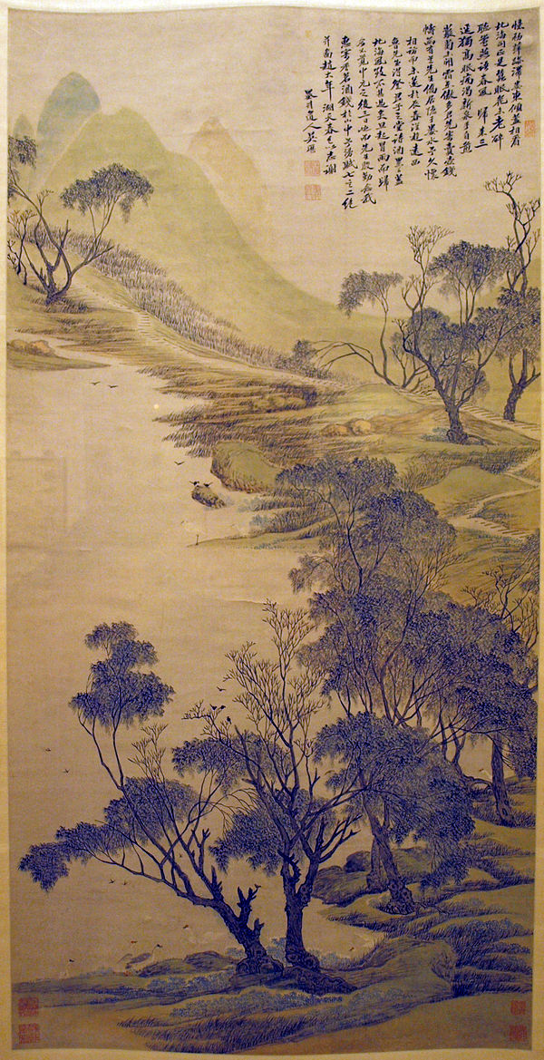 De Chinese elite had meer waardering voor schilderijen, zoals Lente aan het meer van Wu Li