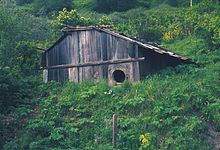 A reconstruction of a traditional Yurok plank house. Yurok plankhouse03.jpg