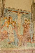 Fresco Jesus on the cross in the Reformierte Kirche San Bastian (Zernez)