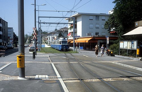 Zürich VBZ Tram 7 (Be 4/6) Schwamendingen, Saatlenstrasse / Blauäcker im August 1986