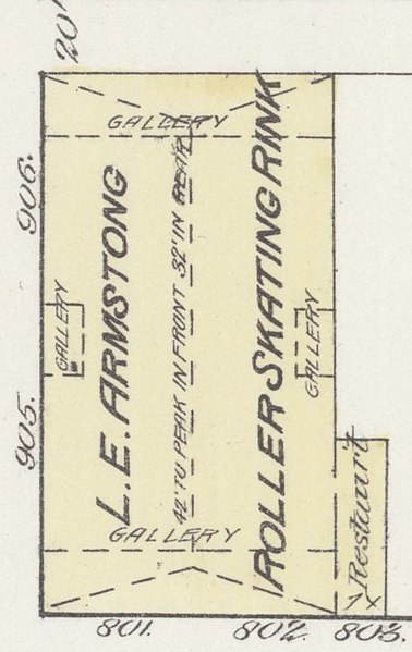 File:"L. E. ARMSTRONG ROLLER SKATING RINK" in May 1884 map detail, Sanborn Fire Insurance Map from Duluth, Saint Louis County, Minnesota. LOC sanborn04287 001-4 (cropped).jpg