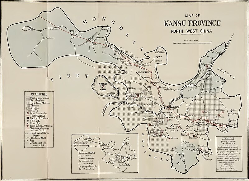 File:"Map of Kansu Province North-west China" produced by "Stanford's Geographical Establishment, London" 1923, "The Call of China's Great North-west or Kansu and Beyond" by Mrs. Howard Taylor, 1923, The China Inland Mission (page 253 crop).jpg