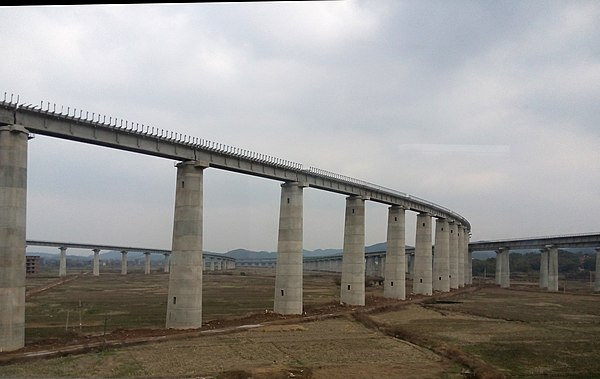 The intersection of the Hefei–Fuzhou and Shanghai–Kunming high-speed railways in Shangrao in February 2014.