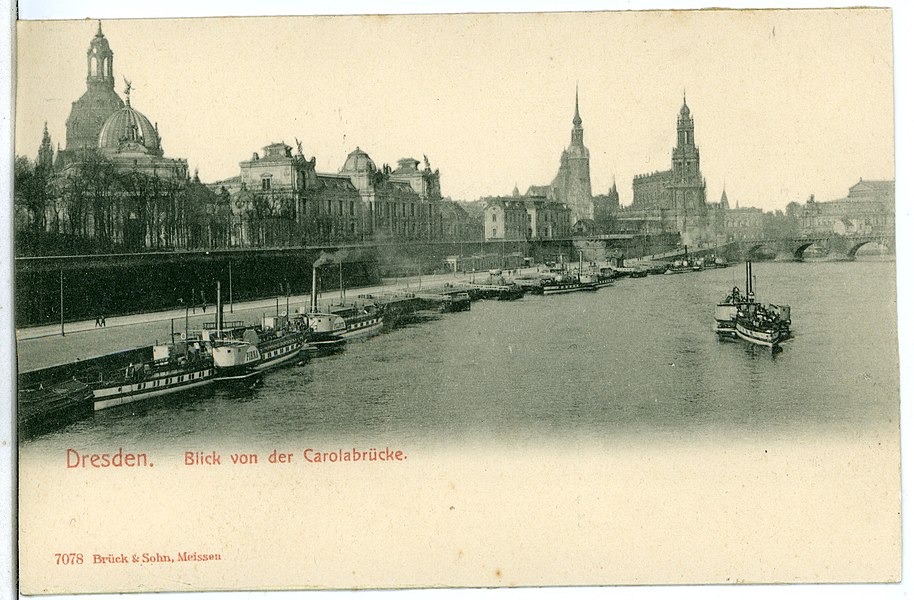 Dresden; Blick von der Carolabrücke auf die Elbe mit Dampfer Pirna, Brück & Sohn Kunstverlag Meißen, 1906, Nummer 07078