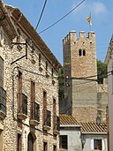 08 Carrer del Castell (Santa Oliva), al fons la torre del castell església de la Verge del Remei.jpg
