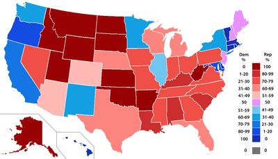 Percent of members of the House of Representatives from each party by state.