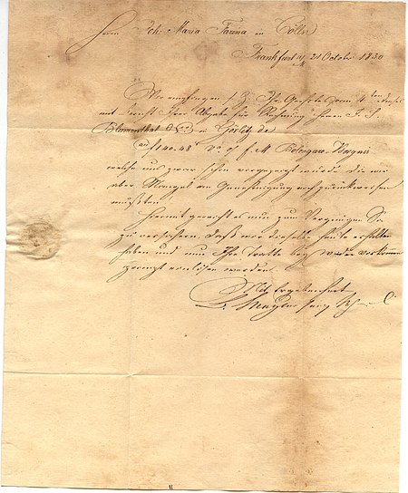 1830 Brief Metzler an Farina Inhalt
