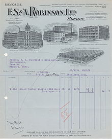 An invoice raised by ES&A Robinson in 1925 for general stationery and showing illustrations of all the ES&A buildings of the era in Bristol. 1925 ES&ARobinson Invoice with illustrations.jpg