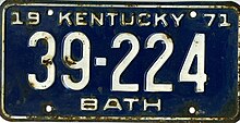 A US license plate, from the state of Kentucky 1971 Kentucky license plate 39-224.jpg