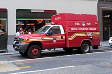 One of the many smaller S.O.C. Support Trucks operated by the FDNY for use at various emergencies. 2011-NYC-FDNY-truck-F450.JPG