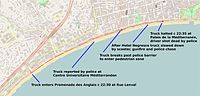 Annotated map showing course of attack along the Promenade des Anglais