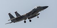 A US Air Force F-15C Eagle, tail number 83-0046, on final approach at Kadena Air Base in Okinawa, Japan