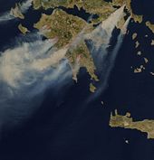 An annotated satellite photo showing smoke from wildfires in Greece, giving rise to an elevated AQI downwind 25August 2007 Greek fires.jpg