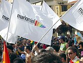 Flags of the Circolo Mario Mieli (Rome) at the Italian National Gay Pride March at Grosseto (2004). Picture by Giovanni Dall'Orto. 3228 Bandiere del Mario Mieli al Grosseto Pride, 19 Giu 2004 - Foto Giovanni Dall'Orto 1.jpg