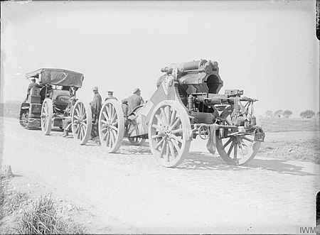 9.2-inch howitzer broken down into three loads for road movement. 9.2 inch howitzer Battle of Polygon Wood IWM Q 3062.jpg