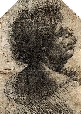Dessin en noir et blanc d'une tête d'homme vue de trois quart dos et aux traits du visage exagérément déformés.