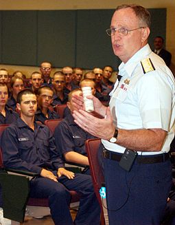 Collins orating before an audience of U.S. Coast Guard recruits at Recruit Training Center Cape May in June 2004 Adm Thomas H Collins Recruit Training.jpg