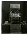 Three-stage amplifying set device for detecting airplanes, Acoustic Laboratory, Frankford Arsenal, open. Operation [top]: 1. Connect condenser detector to input.; 2. Connect telephone to output.; 3. Decrease grid leaks to minimum resistance.; 4. Set filament controls at OFF position.; 5. Turn on A Battery by pulling out snap switch.; 6. Increase filament current of last tube to almost full value.; 7. Set filament control knobs of other tubes to index marks. (Never turn past these marks.); 8. Increase grid leak resistance until maximum amplification is obtained.; 9. No further attention is required.