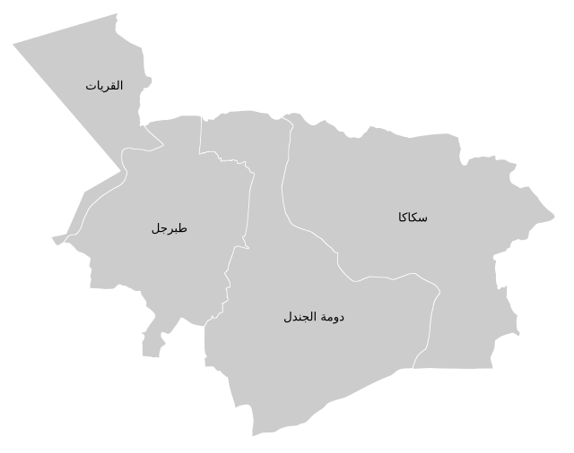 صورة لخريطة محافظة سكاكا والمحافظات الأخرى في منطقة الجوف