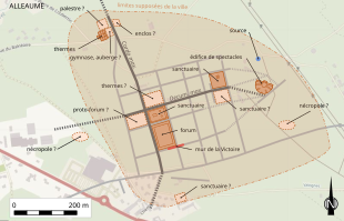 Plan en couleurs d'une agglomération antique reporté sur un fond moderne.