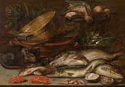 アレクサンドル・アドリアンセン 『鳥や猫が触っている魚』（17世紀前半）