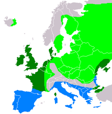 Euroopa levila. Heleroheline: pesitseb. Sinine: talvitub. Tumeroheline: aastaringselt.