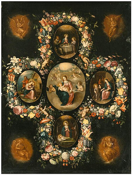 File:Andries Daniels and Frans Francken (II) - The Virgin and Child with Scenes from the Life of Christ, in painted ovals surrounded by a Garland of Flowers with music-making Angels en brunaille.jpg