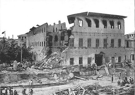Damage to the palace complex of the Sultan of Zanzibar after bombardment by Royal Navy cruisers and gunboats on 27 August 1896. The Anglo-Zanzibar War lasted less than 45 minutes.