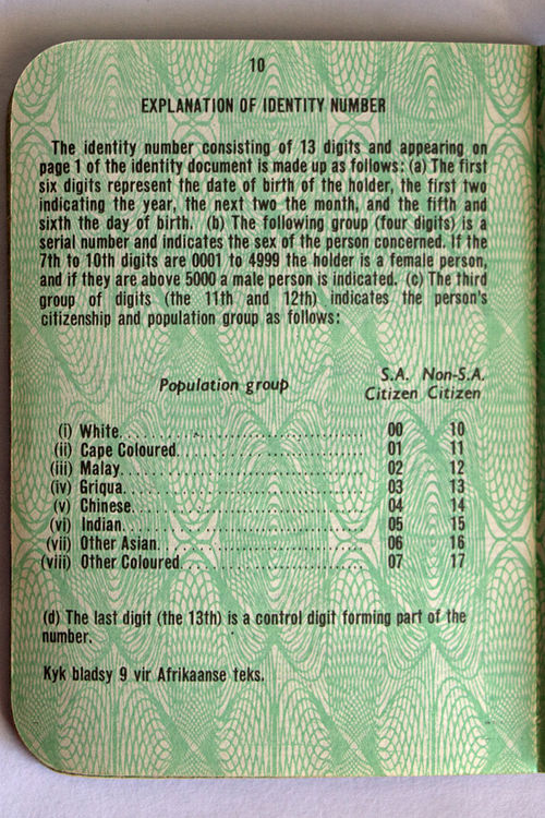 Explanation of South African identity numbers in an identity document during apartheid in terms of official White, Coloured and Indian population subg