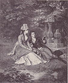 Karolina a princ v parku Pyrmont (dřevoryt od Arthura von Ramberg přemalovaný jeho strýcem Johannem Heinrichem Rambergem)