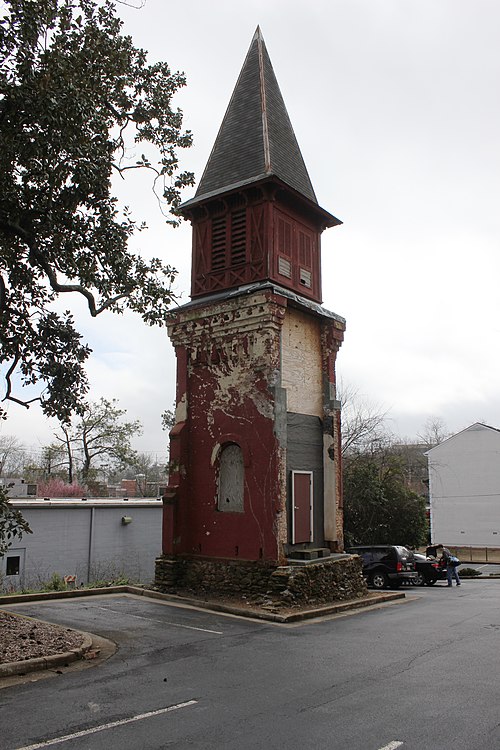 The church steeple of St. Mary's Episcopal Church in 2015; this is all that remains of where members of R.E.M. lived briefly and performed their first