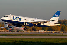 Former BMED A320 (G-MEDH) in hybrid BMI livery in October 2011 BMI Airbus A320-232 by Osipov Dmitry.jpg