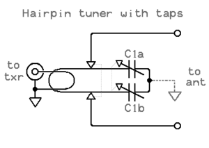 Schematic for a "hairpin" link transformer, with tapped secondary and output tuning capacitor. Balanced transmatch - hairpin tuner + taps.png