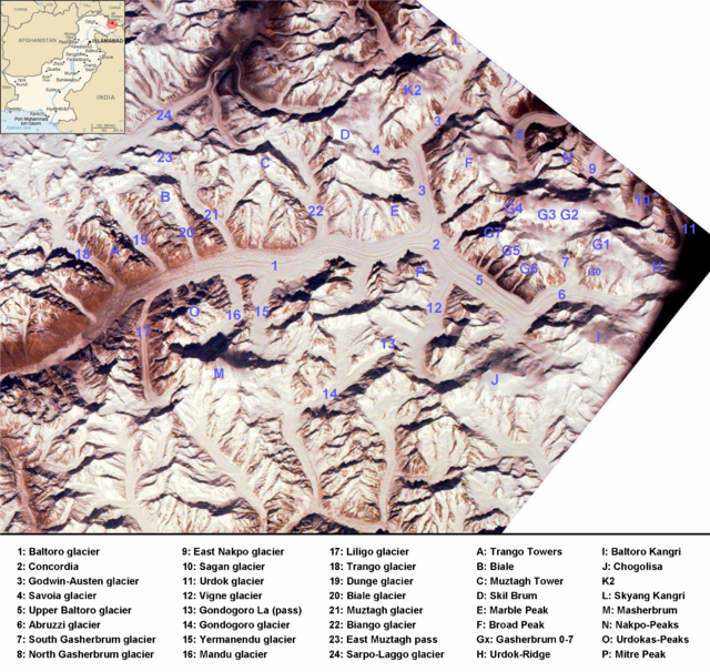 Satellitenbild, Sarpo-Laggo-Gletscher oben links