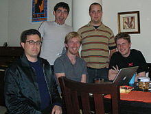 Planning meeting for first BarCamp: Tantek Celik, Chris Messina, Matt Mullenweg, Andy Smith, and Ryan King (August 20, 2005) BarCamp originators.jpg