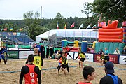 Deutsch: Beachhandball Europameisterschaften 2019 (Beach handball Euro); Tag 5: 6. Juli 2019 – Männer, Platzierungsspiel für die Ränge 5–8, Frankreich-Deutschland 0:2 (18:22, 16:19) English: Beach handball Euro; Day 5: 6 July 2019 – Placement Match/Cross Match for rank 5–8 Men – Frankreich-Deutschland 0:2 (18:22, 16:19)