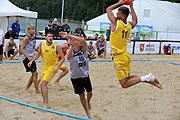 Deutsch: Beachhandball Europameisterschaften 2019 (Beach handball Euro); Tag 2: 3. Juli 2019 – Männer, Vorrunde Gruppe A, Deutschland-Norwegen 2:0 (20:18, 28:12) English: Beach handball Euro; Day 2: 3 July 2019 – Women Preliminary Round Group A – Men Preliminary Round Group A – Germany-Norway 2:0 (20:18, 28:12)