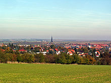 Blick vom Wolfsberg über Aschersleben auf die Stephanikirche